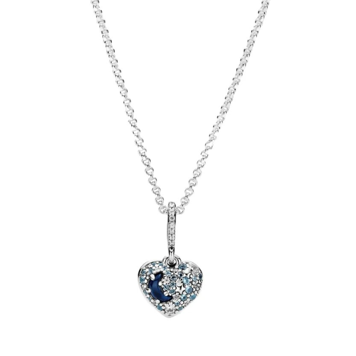 Sparkling Blue Moon & Stars Heart Necklace