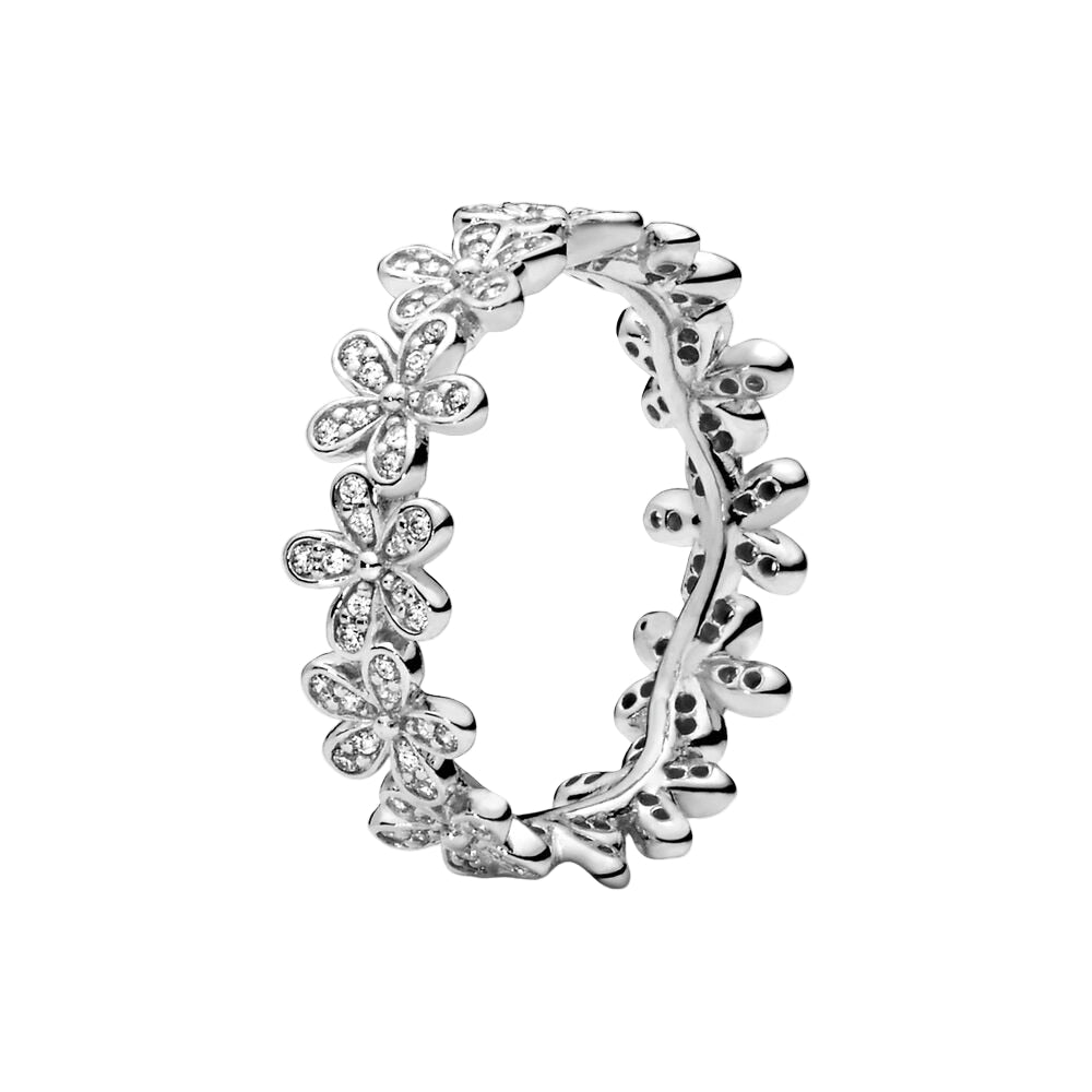 Silver ring with floral designs on a white background