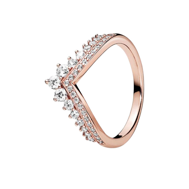 Rose gold ring with diamond accents on a white background